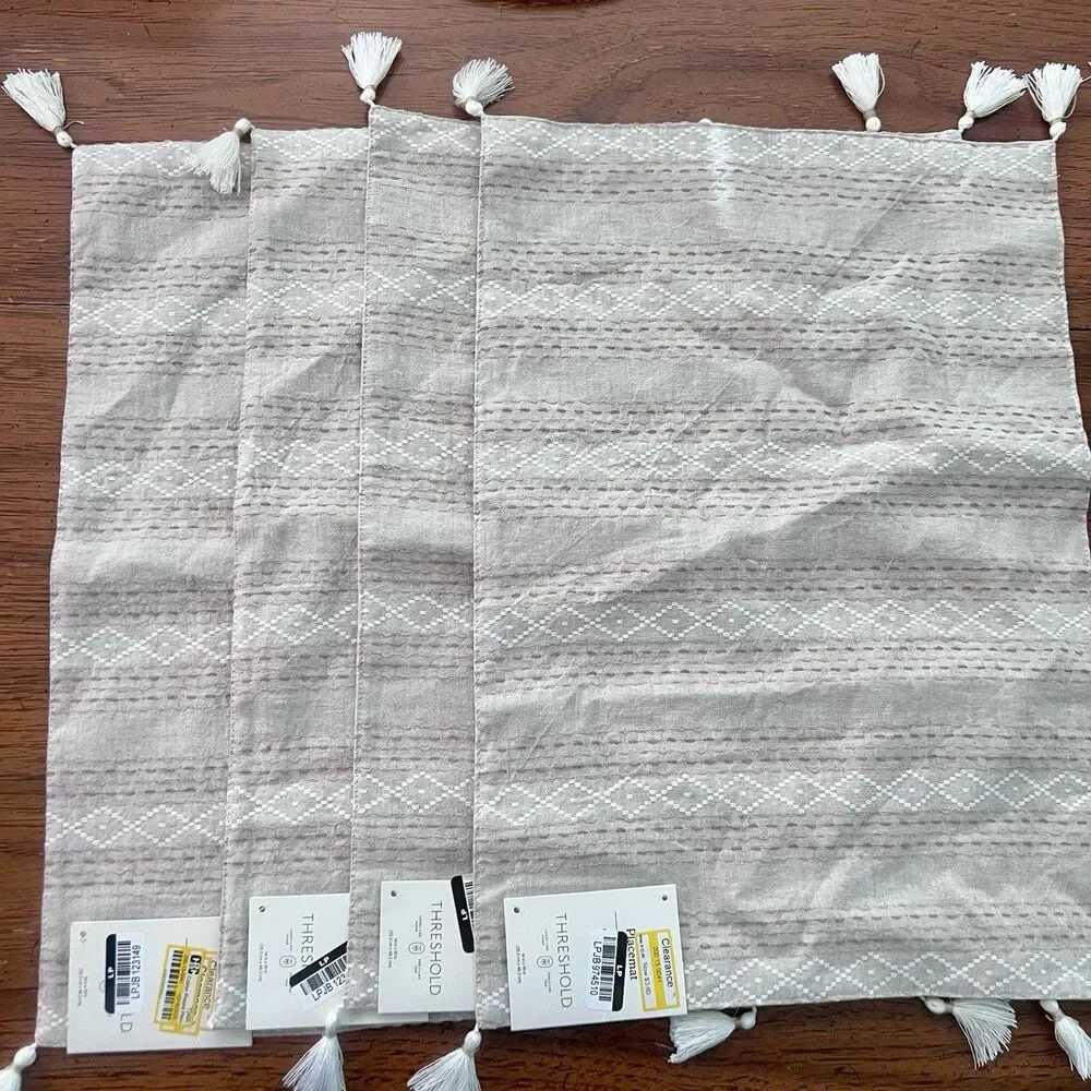 Threshold Target Placemats Beige Cotton Linen Geometric Tassels 14x19 (set of 4)